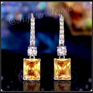 NEW WHITE GOLD CITRINE CANARY EMERALD CUT EARRINGS w SIMULATED DIAMONDS